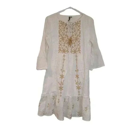 LOV Women's Off-White Cotton & Gold Floral-Embroidered Dress - Picture 5 of 15